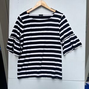 Talbots Womens Blouse Black White Striped 3/4 Sleeve Scoop Stretch Medium